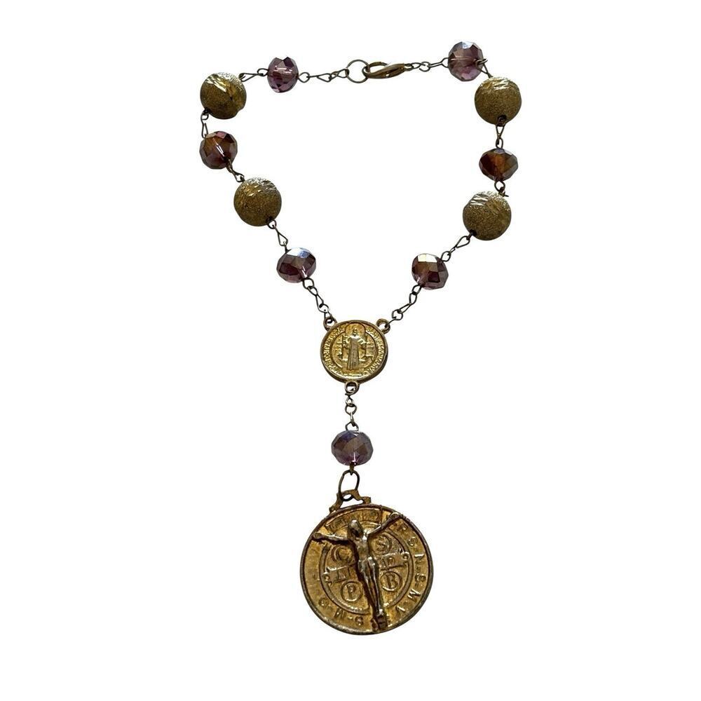 Rosary Chaplet Saint Benedict Holy Medal Gold Tone Purple Glass Beads 9” - Picture 5 of 7